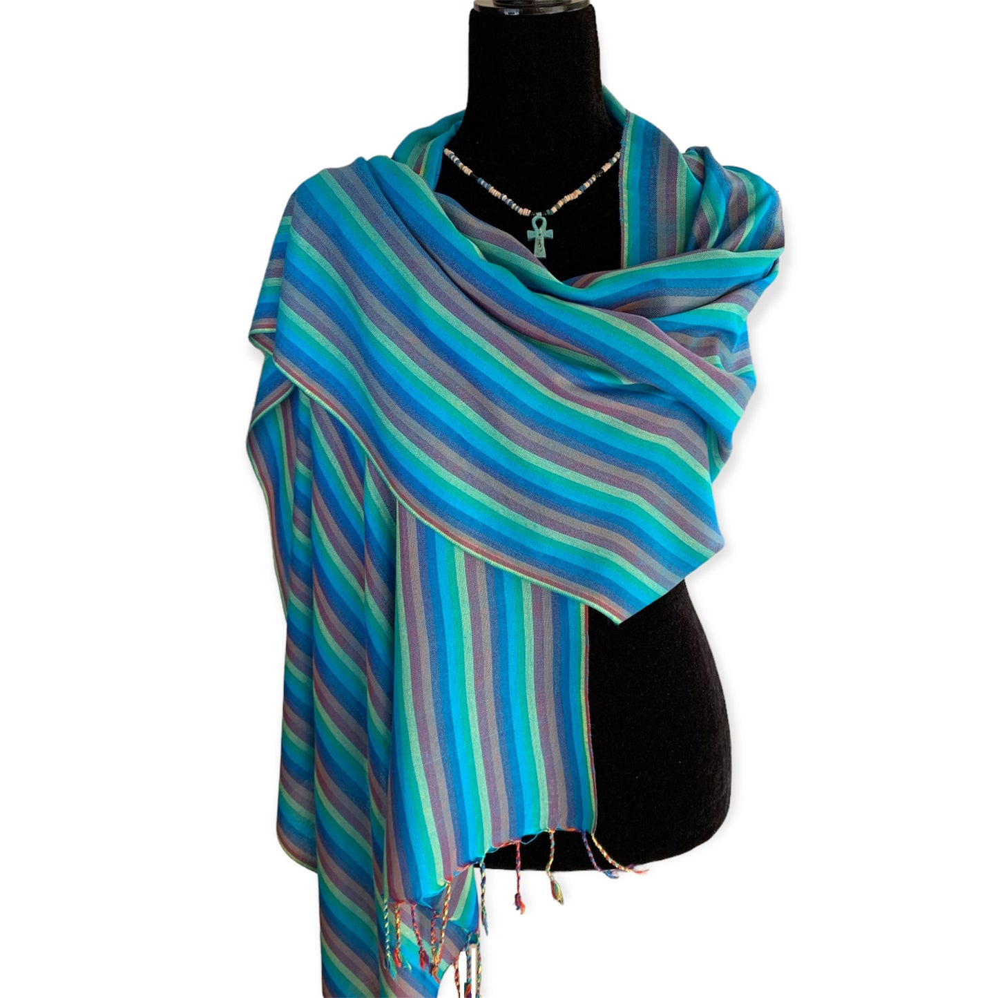 Striped Handwoven Bamboo Viscose Scarf - Turquoise & Yellow