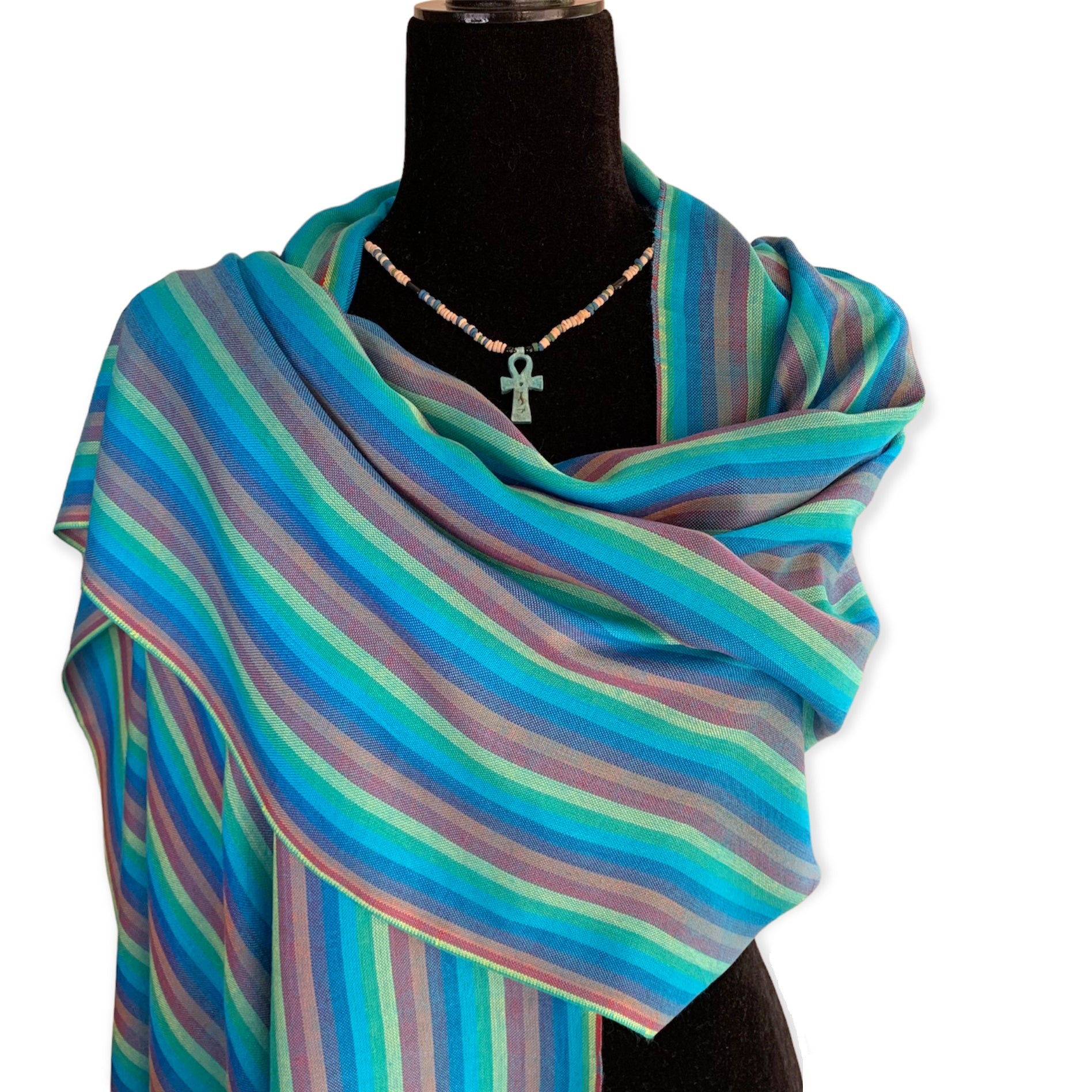 Striped Handwoven Bamboo Viscose Scarf - Turquoise & Yellow