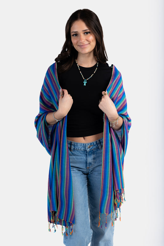Striped Handwoven Bamboo Viscose Scarf - Blue & Plum