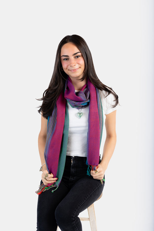 Striped Handwoven Bamboo Viscose Scarf - Plum & Emerald