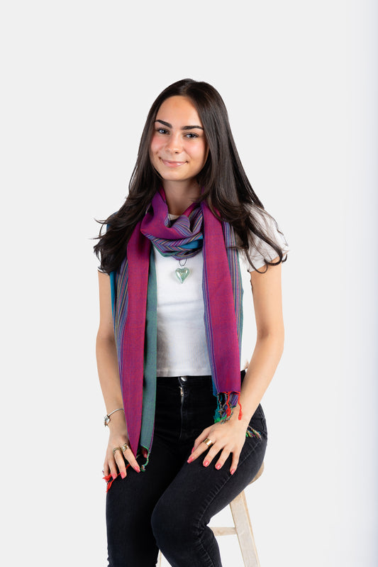 Striped Handwoven Bamboo Viscose Scarf - Plum & Emerald