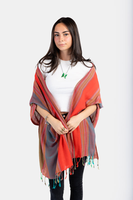 Striped Handwoven Bamboo Viscose Scarf - Red & Teal