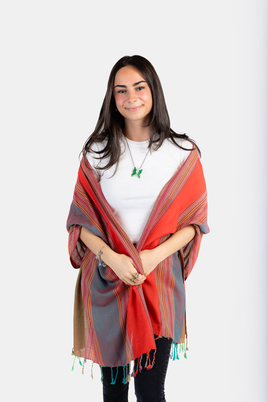 Striped Handwoven Bamboo Viscose Scarf - Red & Teal