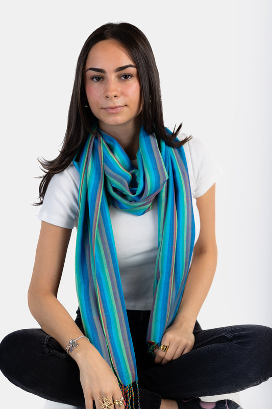 Striped Handwoven Bamboo Viscose Scarf - Turquoise & Yellow