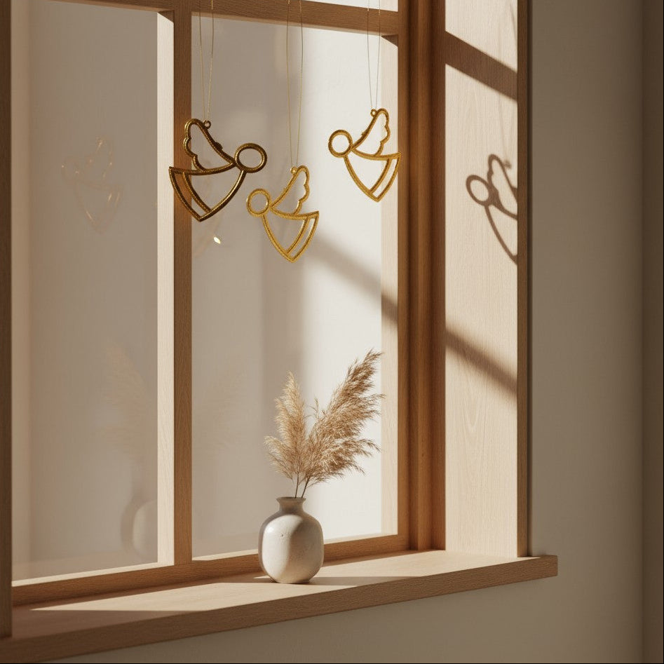 Decorative eco-friendly upcycled metal angel ornaments hanging on a window 