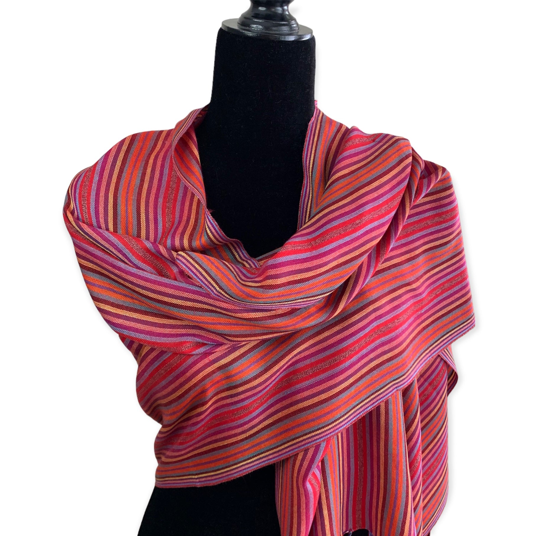 Thin Striped Handwoven Bamboo Viscose Scarf - Shades of Red