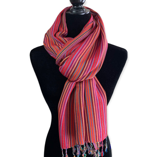 Thin Striped Handwoven Bamboo Viscose Scarf - Shades of Red