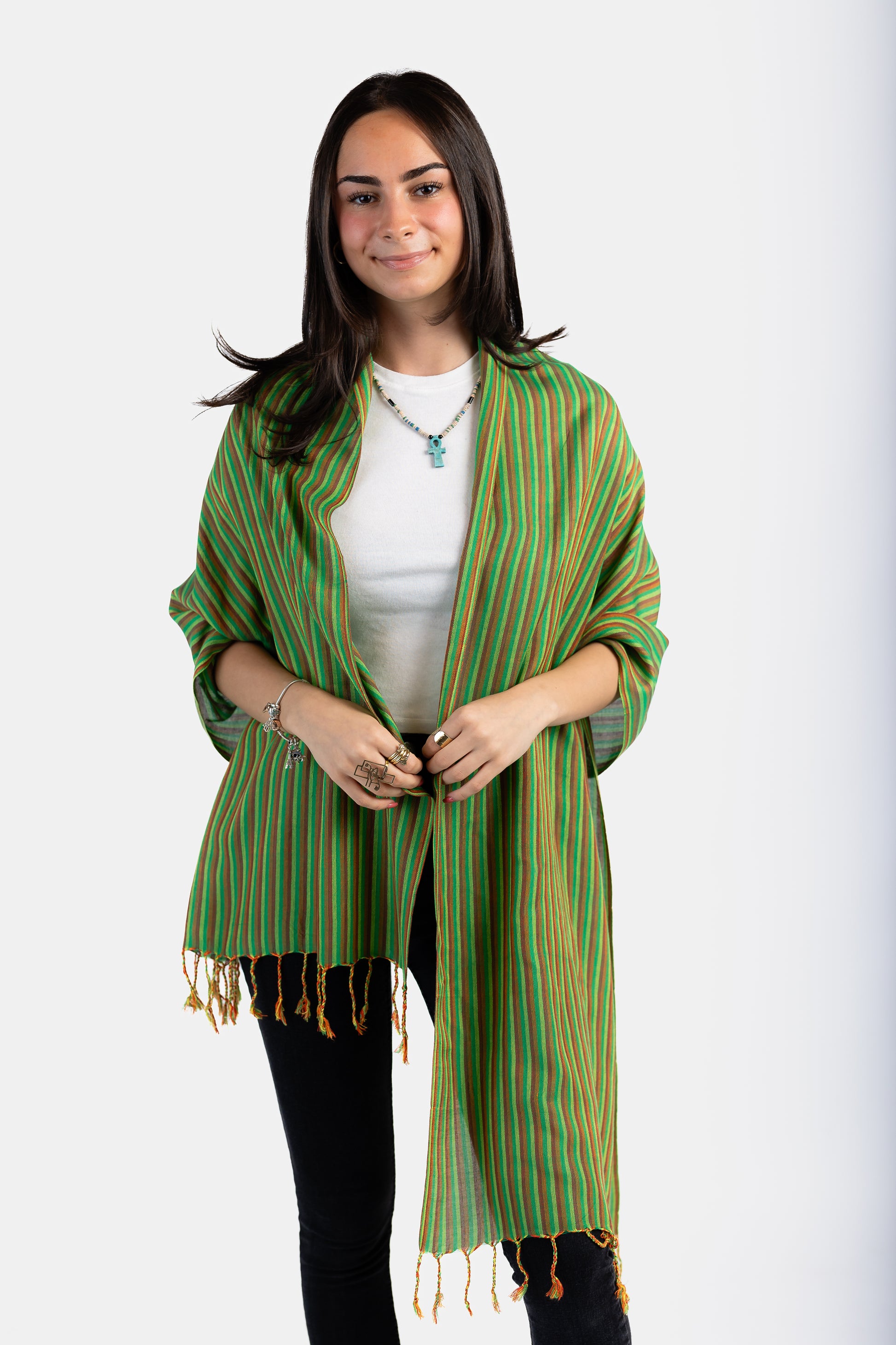 Thin Striped Handwoven Bamboo Viscose Scarf - Green & Salmon