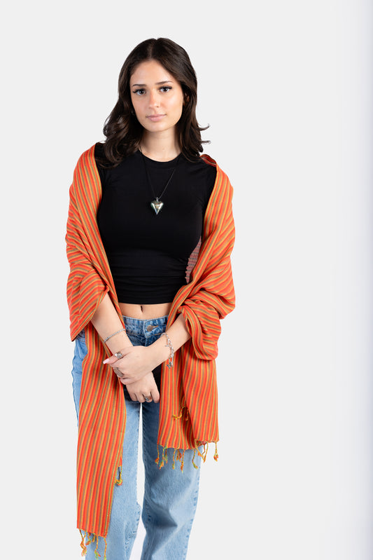 Thin Striped Handwoven Bamboo Viscose Scarf - Green & Salmon
