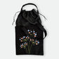 Handmade black tote bag with hand-embroidered light blue and pink hydrangea, fair trade