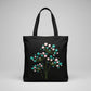Handmade black tote bag with hand-embroidered white and turquoise hydrangea, fair trade