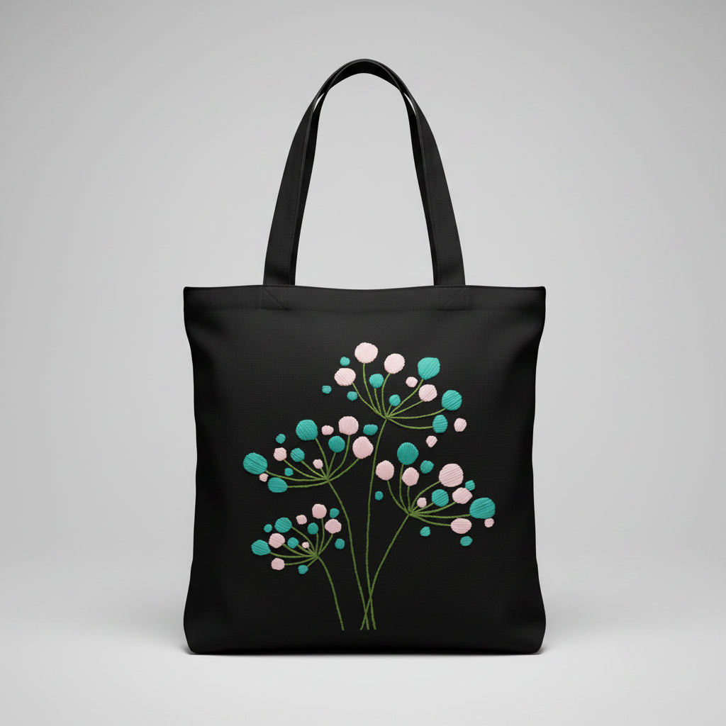Handmade black tote bag with hand-embroidered white and turquoise hydrangea, fair trade