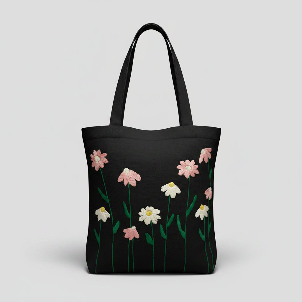 Handmade black tote bag with hand-embroidered pink and white marguerite, fair trade