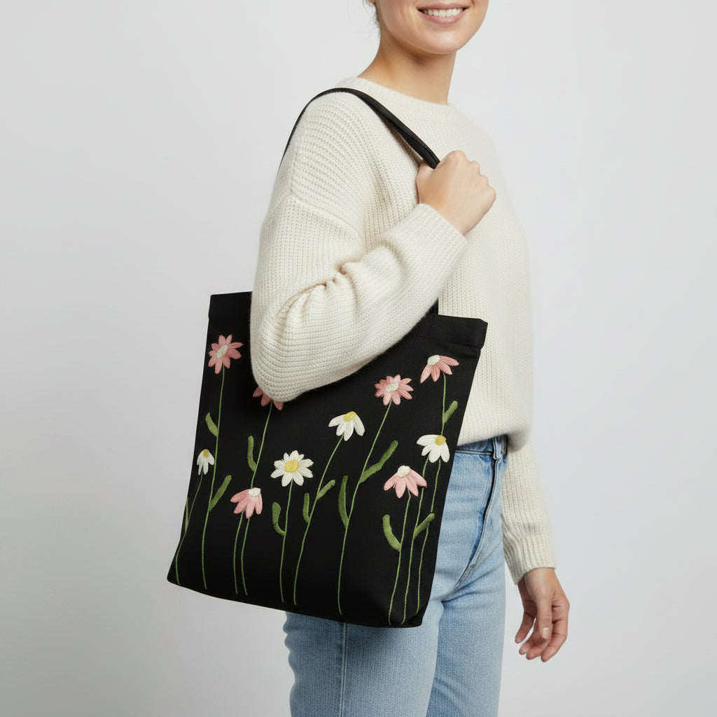 Handmade black tote bag with hand-embroidered pink and white marguerite, fair trade