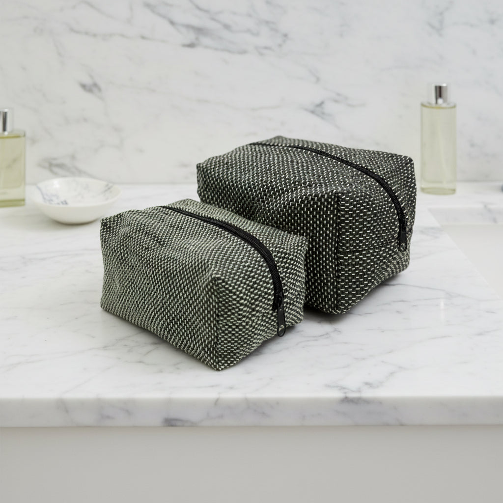 Upcycled Plastic Handwoven Cosmetic Bag - Black & Mint, Women artisans, Ethically handmade