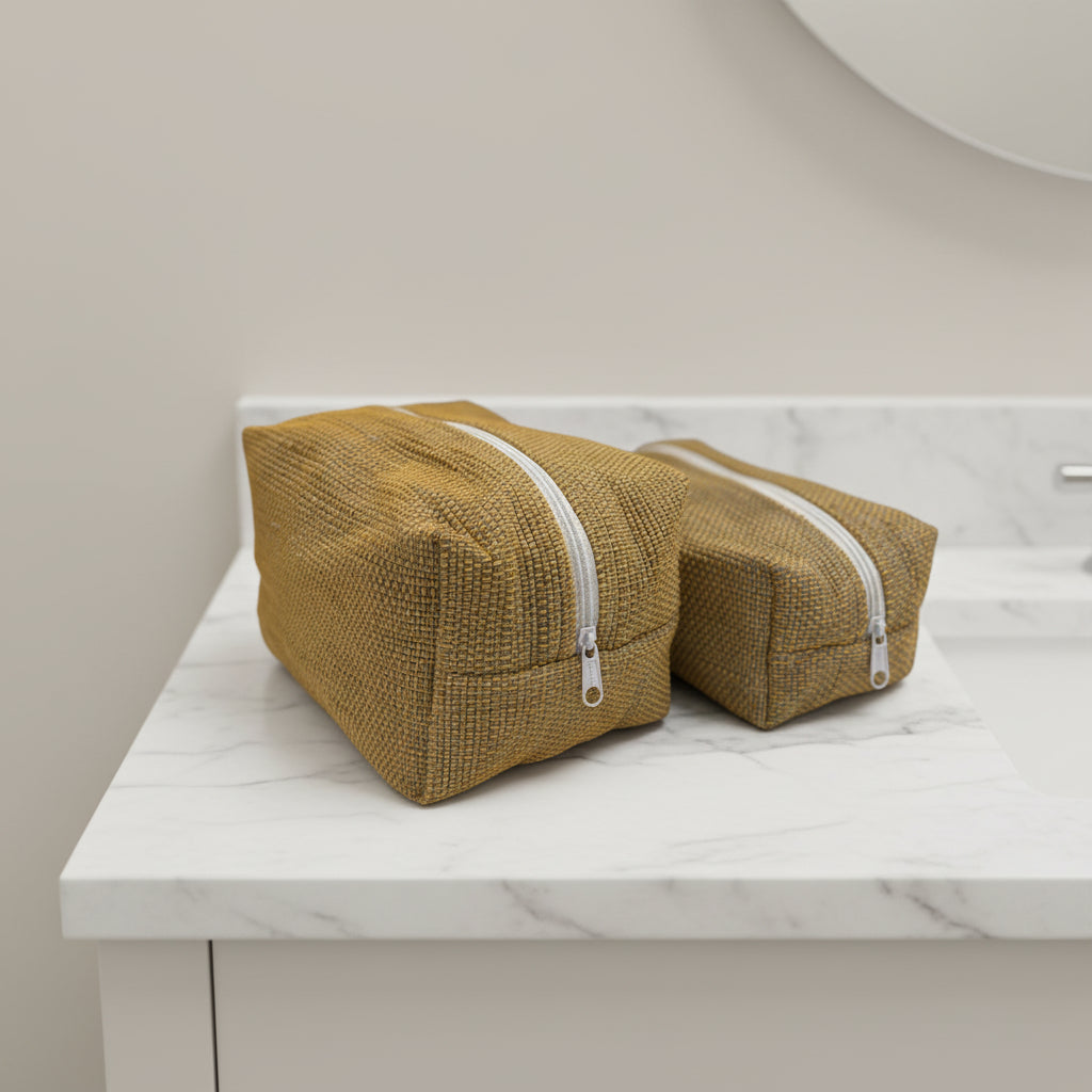 Upcycled Plastic Handwoven Cosmetic Bag - Mustard, Women artisans, Ethically handmade