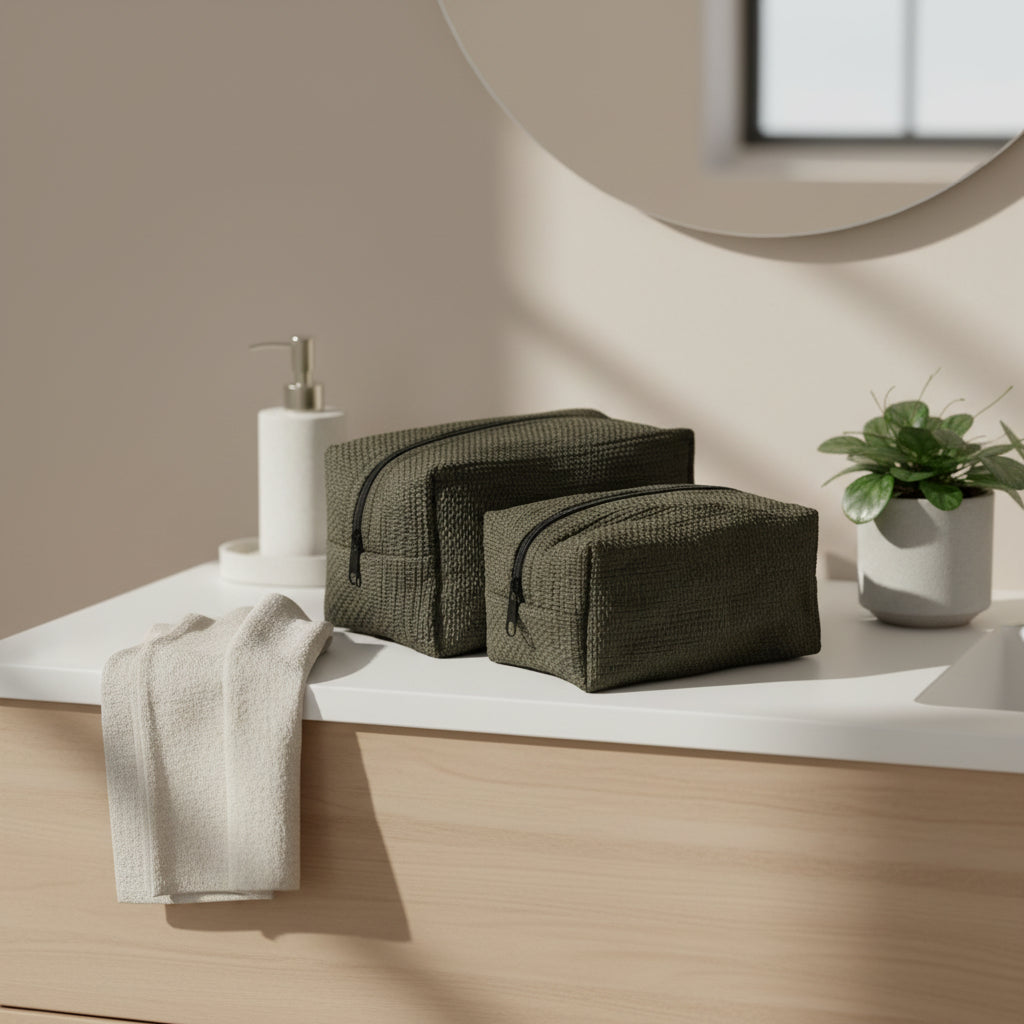 Upcycled Plastic Handwoven Cosmetic Bag - Black & Olive, Women artisans, Ethically handmade