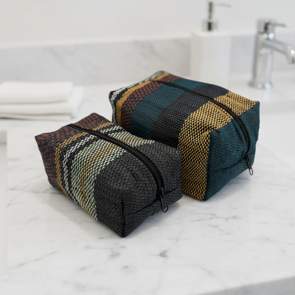 Upcycled Plastic Handwoven Cosmetic Bag - Black, Mustard & Green Stripes, Women artisans, Ethically handmade