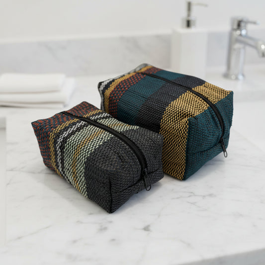 Upcycled Plastic Handwoven Cosmetic Bag - Black, Mustard & Green Stripes, Women artisans, Ethically handmade