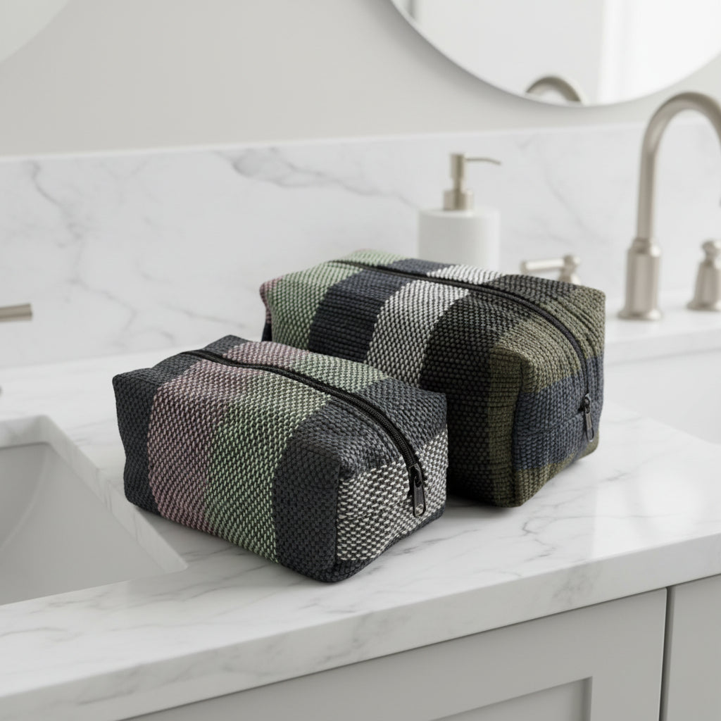 Upcycled Plastic Handwoven Cosmetic Bag - Black, Mint & Pink Stripes, Women artisans, Ethically handmade