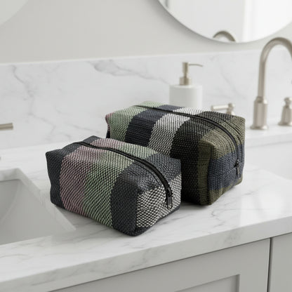 Upcycled Plastic Handwoven Cosmetic Bag - Black, Mint & Pink Stripes, Women artisans, Ethically handmade