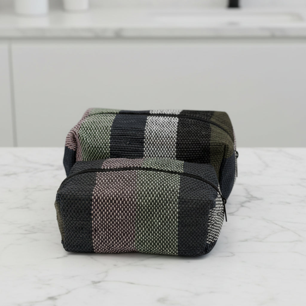 Upcycled Plastic Handwoven Cosmetic Bag - Black, Mint & Pink Stripes, Women artisans, Ethically handmade