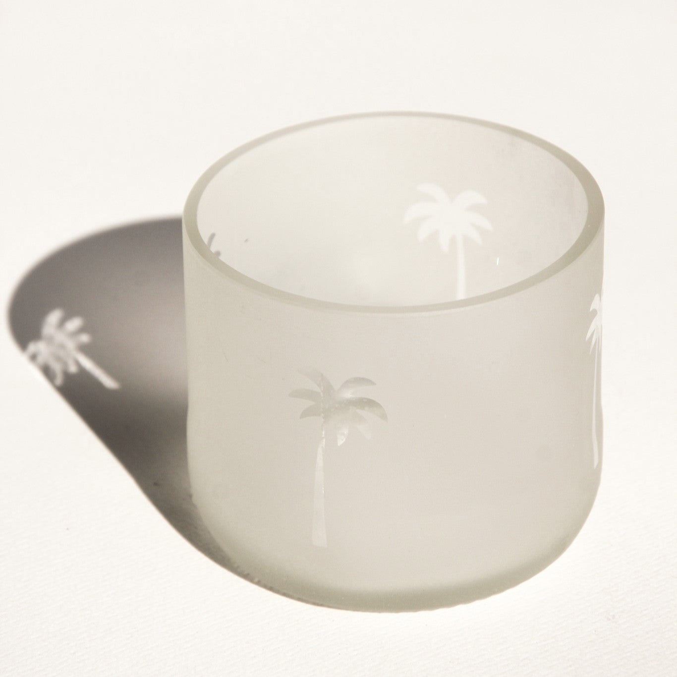 Artisan-made frosted upcycled glass bowl or candle holder with palm tree design