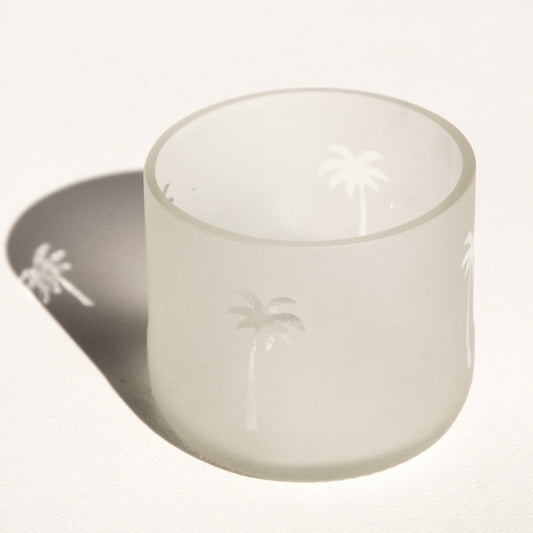 Artisan-made frosted upcycled glass bowl or candle holder with palm tree design