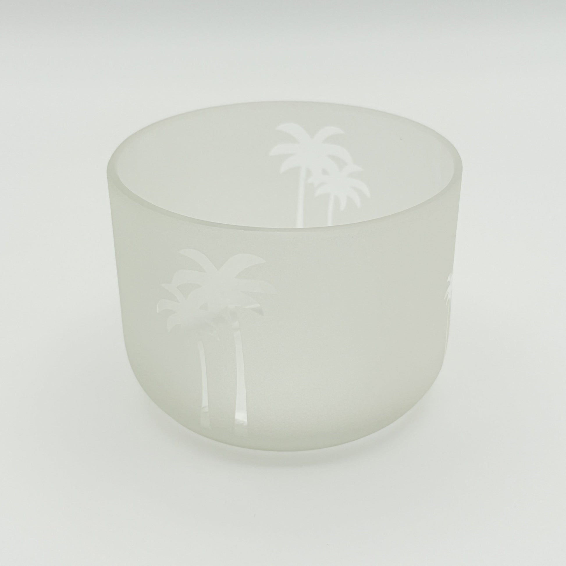 Handcrafted frosted upcycled glass bowl or candle holder with palm tree design