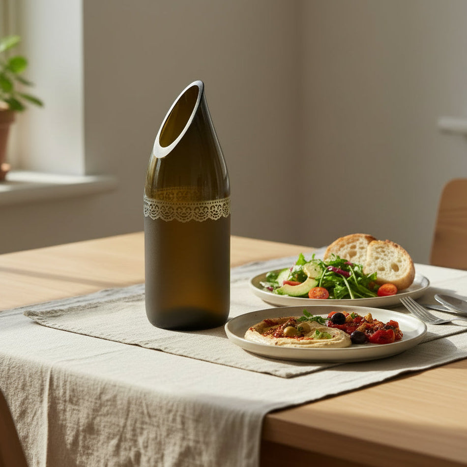 Brown decorative vase jug with lace detailing handcrafted from upcycled wine bottle, repurposed glassware, Fair Trade, Ethically handmade by women artisans