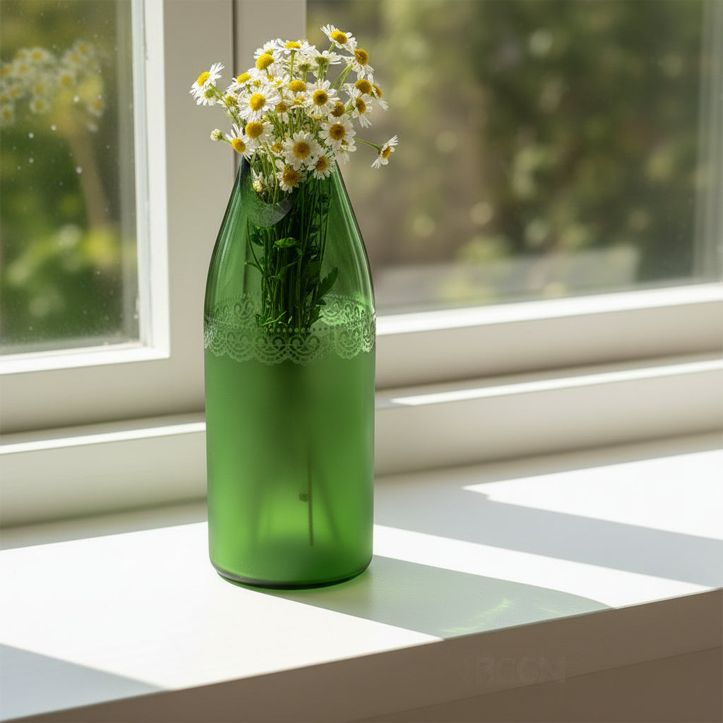 Green decorative vase jug with lace detailing handcrafted from upcycled wine bottle, repurposed glassware, Fair Trade, Ethically handmade by women artisans
