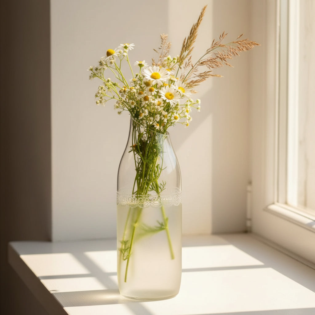 White decorative vase jug with lace detailing handcrafted from upcycled wine bottle, repurposed glassware, Fair Trade, Ethically handmade by women artisans