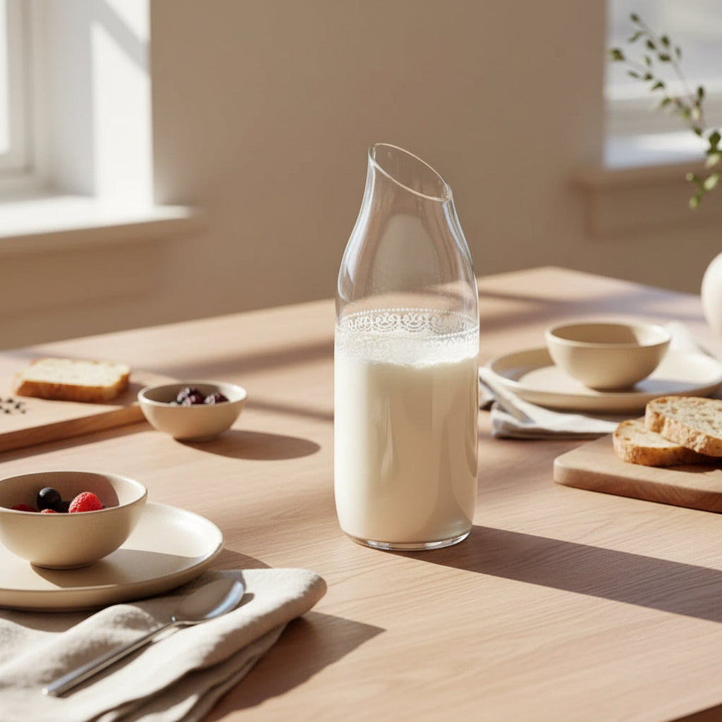 White decorative vase jug with lace detailing handcrafted from upcycled wine bottle, repurposed glassware, Fair Trade, Ethically handmade by women artisans