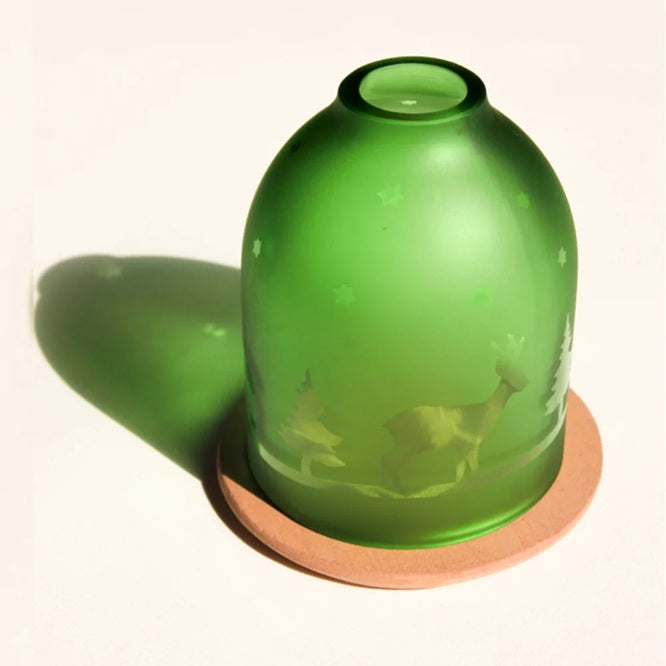 Green Upcycled Glass Lantern with Deer Design, Christmas and Winter Candle Holder, Ethically Handcrafted