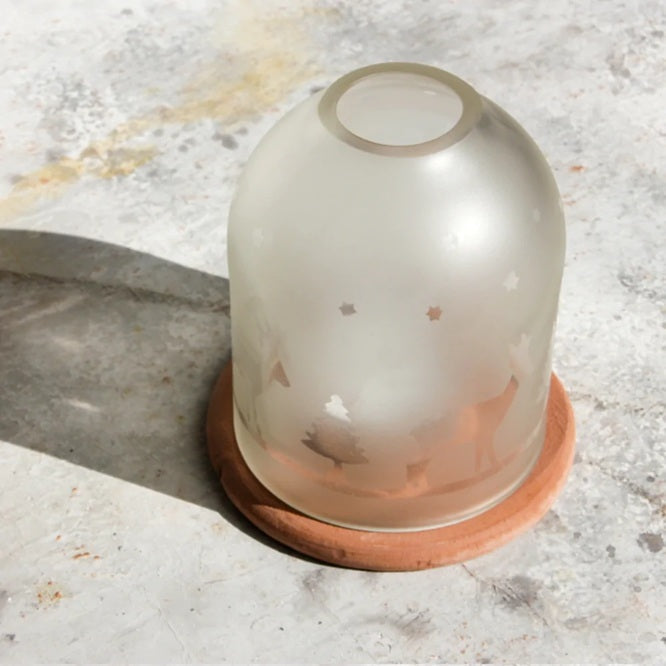 White Upcycled Glass Lantern with Deer Design, Christmas and Winter Candle Holder, Ethically Handcrafted
