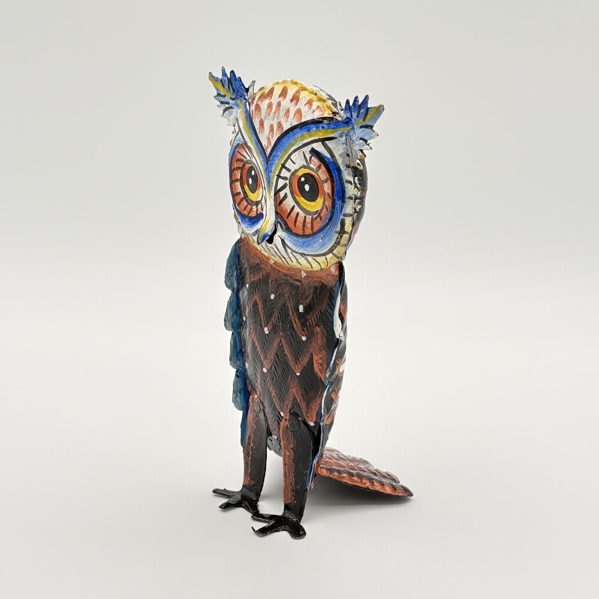 Eco-friendly Handcrafted Upcycled Metal 3D Tabletop Owl Sculpture, Fair Trade Ethically Handmade, Sustainable, Hand-painted