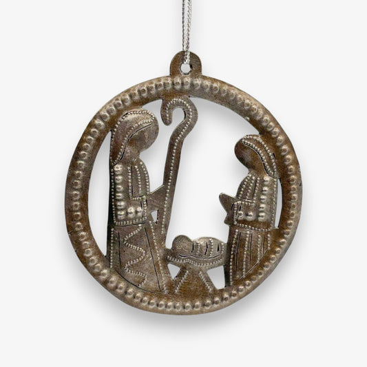 Metal Nativity Ornament in a Medallion - Metal Color