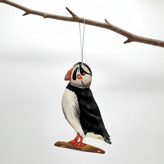 Eco-friendly upcycled metal puffin ornament, ethically handmade, sustainable, fair trade