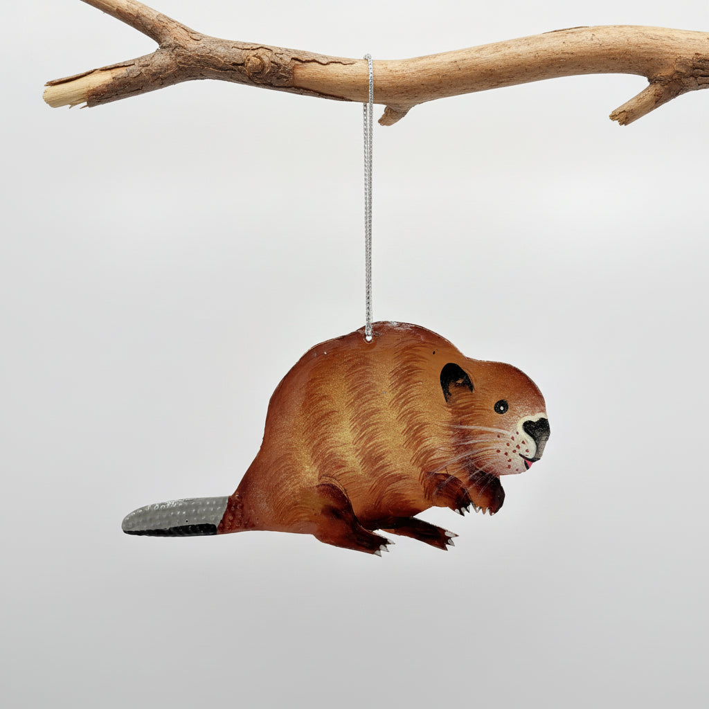 Eco-friendly handcrafted upcycled metal beaver ornament, fair trade, sustainable, ethically handmade