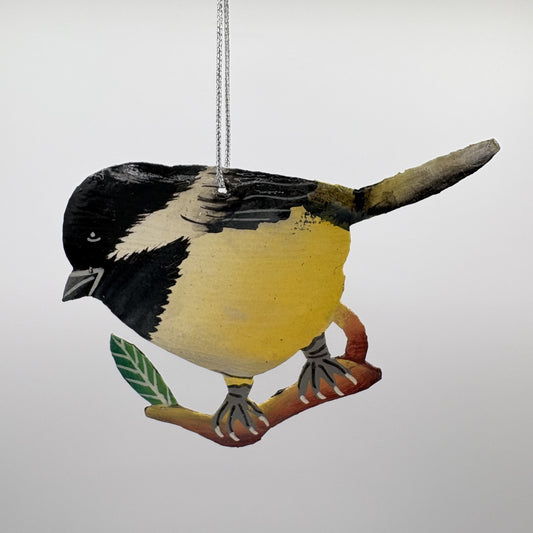 Eco-friendly handcrafted upcycled metal Black-capped Chickadee bird ornament, ethically handmade, sustainable