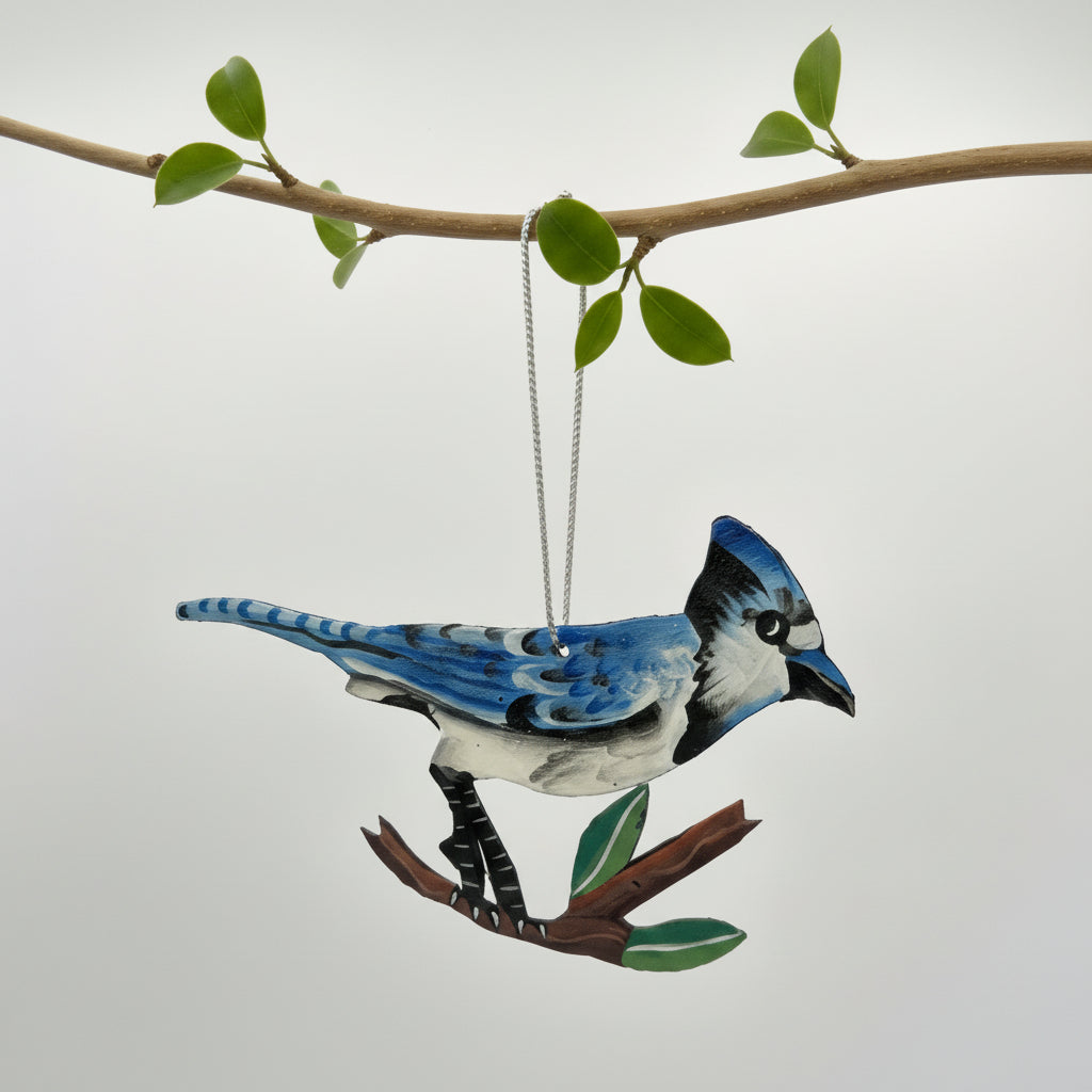 Eco-friendly upcycled metal blue jay bird ornament, ethically handmade, fair trade