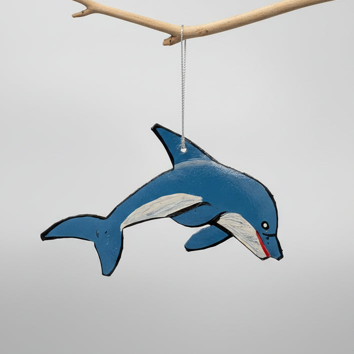 Decorative eco-friendly handcrafted upcycled metal dolphin ornament, fair trade handmade, sustainable