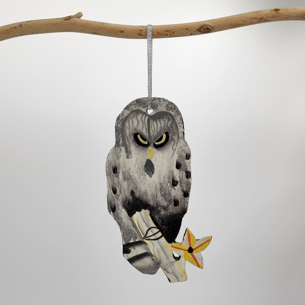 Sustainable handcrafted upcycled metal owl ornament, fair trade ethically handmade, eco-friendly