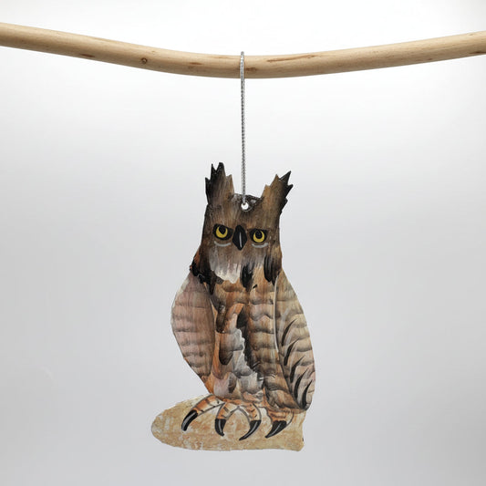 Sustainable handcrafted upcycled metal Great Horned Owl ornament with detailed feathers, fair trade ethically handmade, eco-friendly