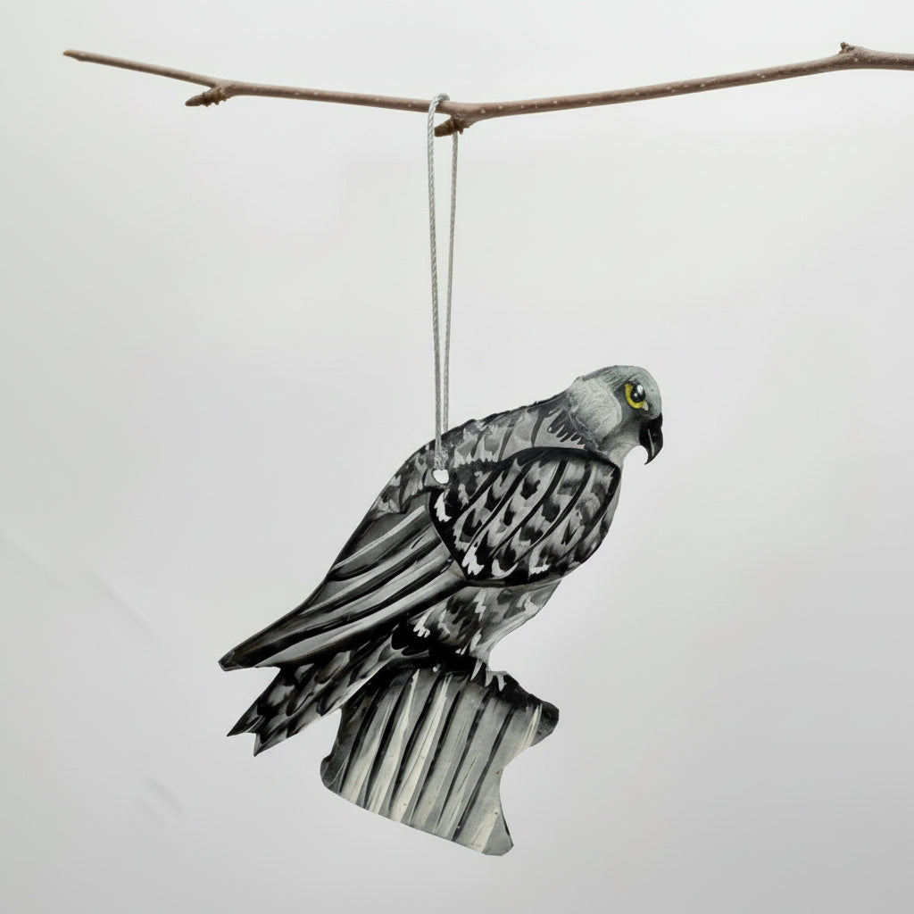 Sustainable handcrafted upcycled metal ornament of a Gyrfalcon, fair trade, ethically handmade, eco-friendly