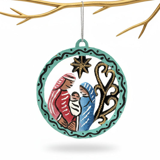 Upcycled Metal Nativity Ornament in a Medallion in Teal , Red, Blue and Gold Handcrafted by Artisans in Haiti