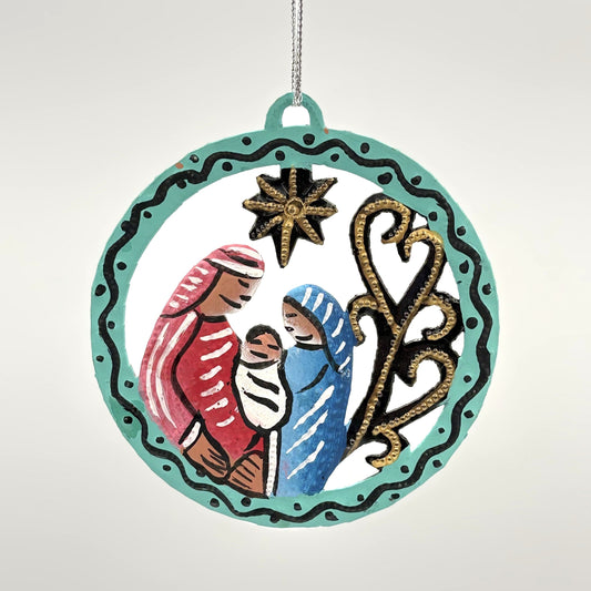 Metal Nativity Ornament in a Medallion - Turquoise & Red