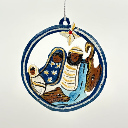 Upcycled Metal Nativity Ornament in a Medallion in Blue, Yellow and Gold Handcrafted by Artisans in Haiti