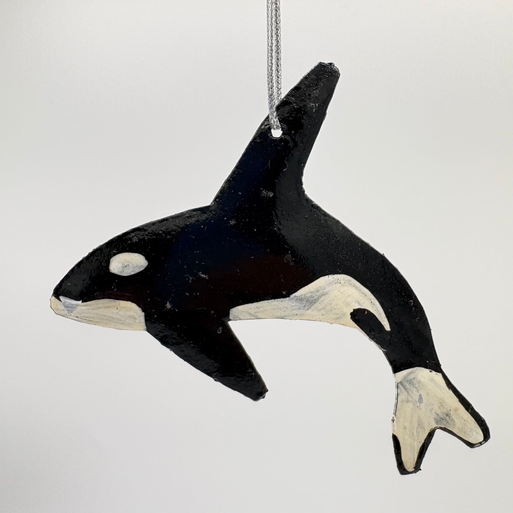 Sustainable handcrafted upcycled metal Orca Whale ornament, eco-friendly ethically handmade, fair trade, coastal decor