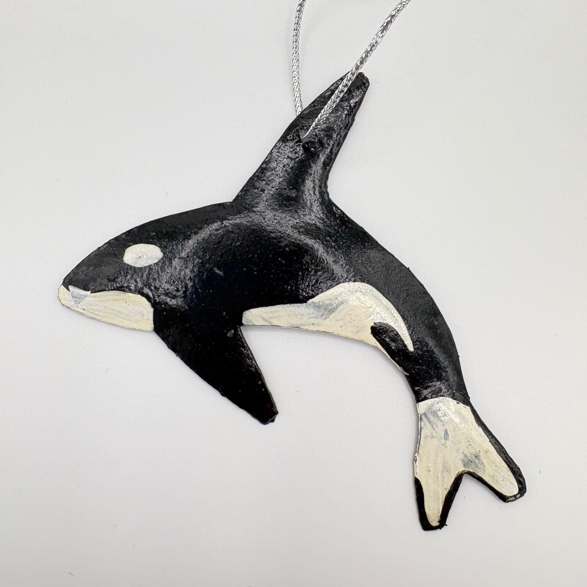 Sustainable handcrafted upcycled metal Orca Whale ornament, eco-friendly ethically handmade, fair trade, coastal decor